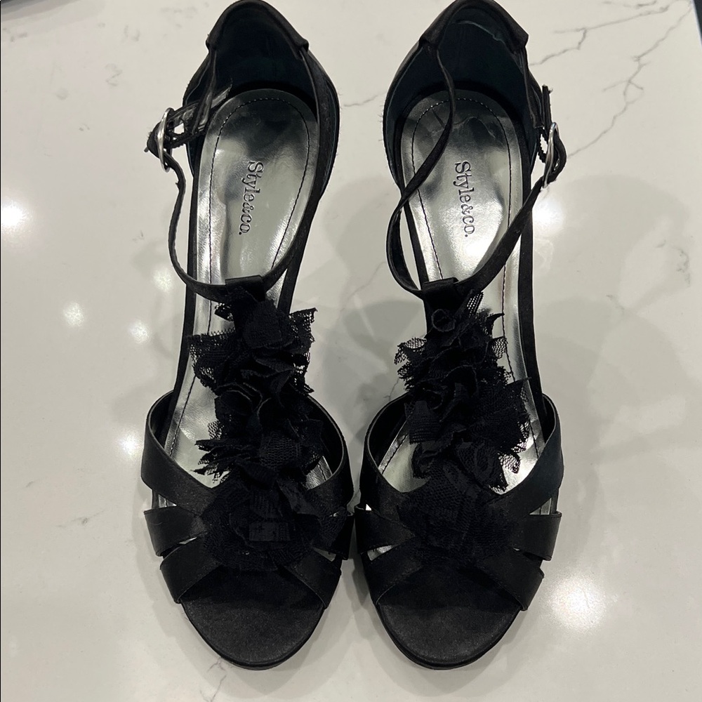 Style & Co. Black Heeled Sandals with Floral Accent